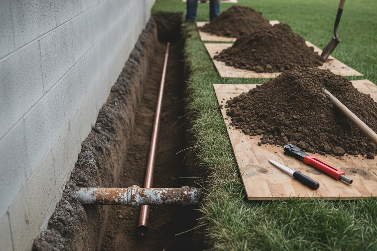 Excavated water line trench during Sewer Line Repair in Stockbridge